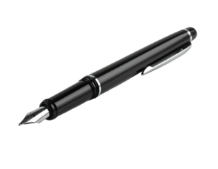 Sleek black fountain pen with silver accents on a black background