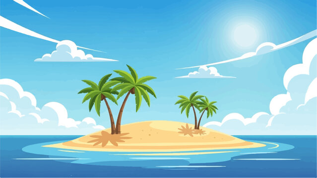 A serene tropical island paradise with palm trees under a bright blue sky