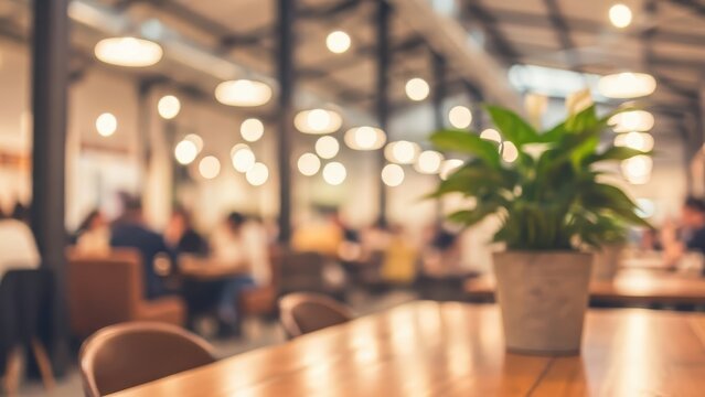 A bustling cafe scene with patrons sitting at tables, industrial lighting, a large potted plant on a wooden table, and a bokeh effect creating a soft ambient atmosphere indoors.