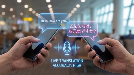 A person using a smartphone with live translation technology in a modern indoor setting