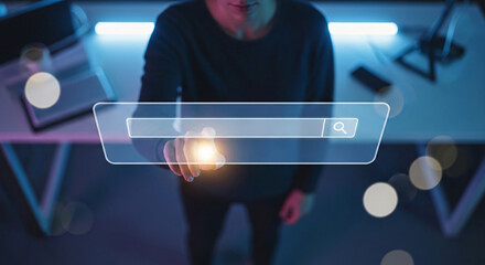 Man Using Search Bar Online with Glowing Touch Interface