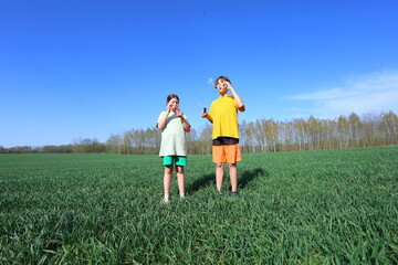 Two kids blow bubbles in a lush green field under a clear blue sky. Pure childhood joy, simple fun, and carefree moments captured in natures embrace.