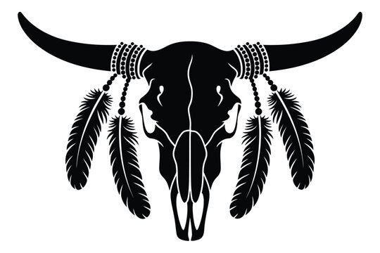 a striking black silhouette of a steer skull adorned with feathers and tribal beads