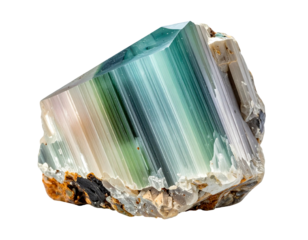 Close-up of a vibrant, multi-colored mineral crystal with translucent striations