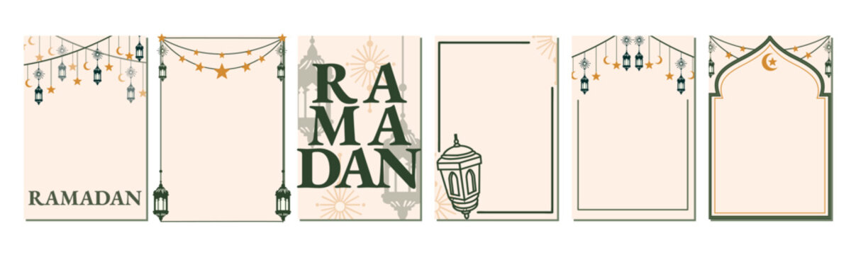 Ramadan Kareem Poster Collection Aesthetic Hand-Drawn Designs. Elegant Eid Al-Fitr Greeting Cards, Floral and Lantern Set. Boho Earth Tone Style Ramadan Social Media Kit Story Templates and Banners.
