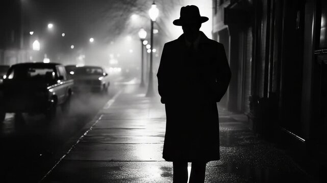 Silhouette of Man in Trench Coat Standing on Wet City Street at Night, Noir Style