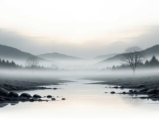 Misty mountain landscape with river and foggy forest at dawn