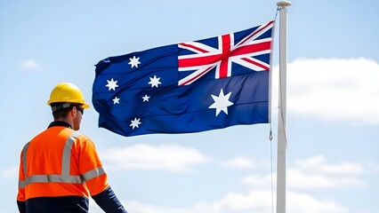 Illustration of Australian workers celebrating Labor Day with national flag and industrial elements.