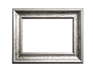 An empty ornate silver picture frame, textured with dark shadowing against a black background