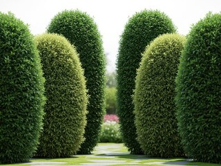 Symmetrical green topiary garden with manicured hedges and pathway