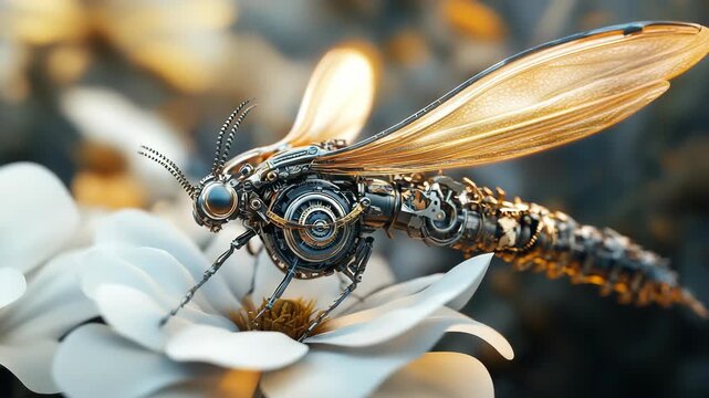 Intricate Steampunk Dragonfly Robot Close-Up: Detailed Mechanical Insect on Delicate White Flower Blossom.