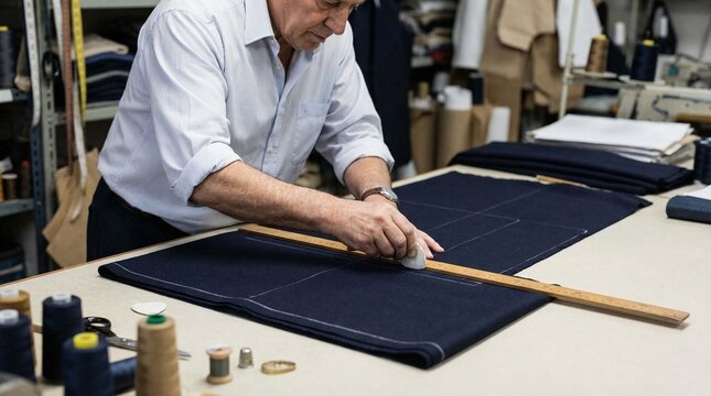 Elderly tailor measuring fabric on table in tailoring workshop  