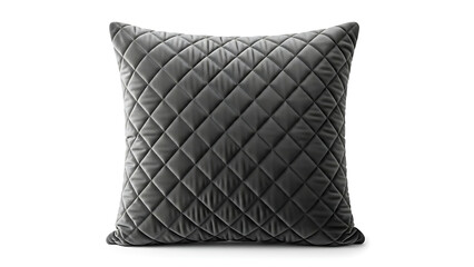 Naklejka premium Dark Grey Quilted Velvet Square Pillow Isolated on White Background - Elegant Diamond Pattern Decorative Cushion for Modern Interior Design. 