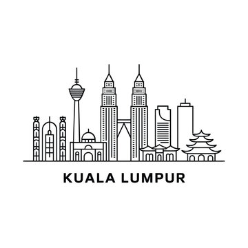 a detailed line drawing illustration showcasing the kuala lumpur skyline architecture