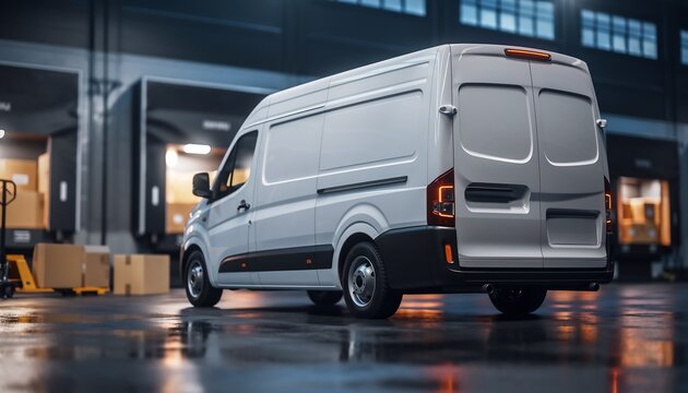 Modern white delivery van parked in a warehouse loading dock, ready for logistics and shipping, for transport, business and supply chain. - Powered by Adobe