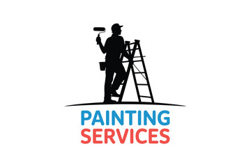 a silhouette of a painter working on a ladder with painting services below