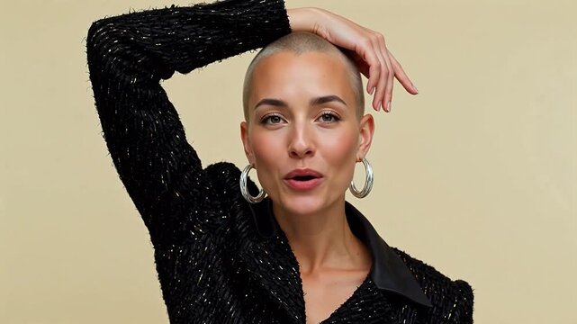 Woman with shaved head wearing black outfit