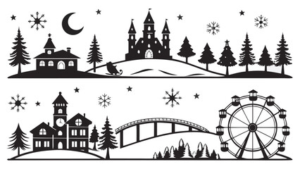 Fototapeta premium Winter wonderland scene with castle ferris wheel and buildings in silhouette against a snowy landscape with moon and snowflakes