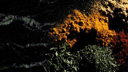 Obraz premium shallow. Artistic display of dried herbs and spices arranged on a dark marble surface with soft lighting. menu design, packaging mockups, designed for food delivery and cloud-kitchen brand materials. 