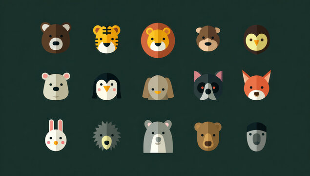 A collection of cartoon animal faces on a dark green background.
