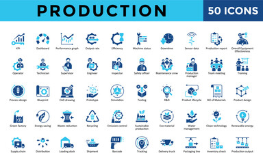 Production icons set with kpi, dashboard, performance graph, shipment, barcode, tracking, output rate efficiency, machine status, downtime icon. Simple flat blue vector 
