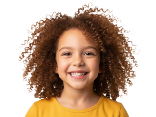 Young girl with curly hair smiling isolated on transparent background