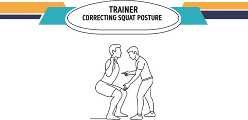 Black outline vector of a personal trainer correcting a client's squat posture