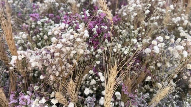 Panning Shot Video of Dried Flower Bouquet with Wheat and Baby's Breath