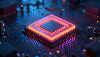 Close-up of a glowing central processing unit on a circuit board with neon lights
