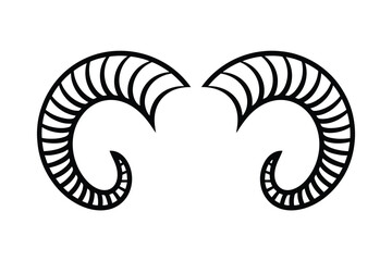 a simple black and white illustration depicting a pair of ram horns