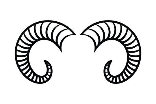 a simple black and white illustration depicting a pair of ram horns