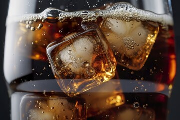 A photograph capturing ice cubes suspended in dark cola