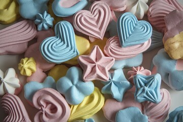 A photo of an assortment of colorful meringue-like confections