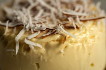 A photograph of a creamy vanilla pudding