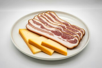 A raw bacon and aged cheese arranged on a plate