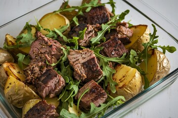 a rectangular glass dish containing a roasted potatoes and chunks of meat