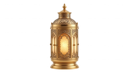 Exquisite antique ornate golden brass lantern featuring intricate filigree metalwork and warm internal illumination on transparent background