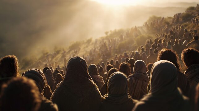 Crowd listening to teachings in a hilly area during sunset with Jesus speaking in the distance