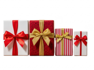 Four gift boxes with red ribbons and bows isolated on transparent background