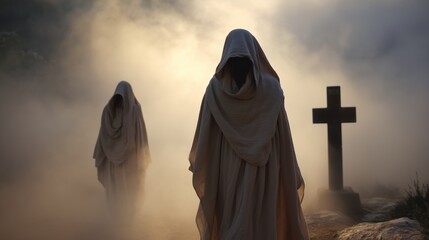 Two figures in cloaks walk near a cross in a foggy setting with a background of hills and trees