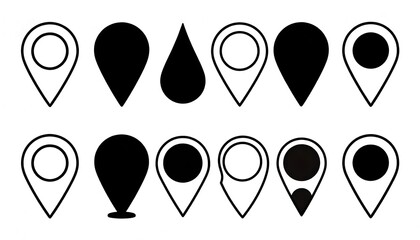 Collection of diverse black and white location pin icons and map markers