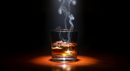 A lit glass of amber liquid with an ice cube, emitting whisps of smoke against a dark background, in a moody setting