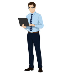 Businessman in a dress shirt and tie working on a laptop, isolated on white.