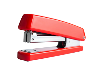 Bright red office stapler, metallic accents, on black background