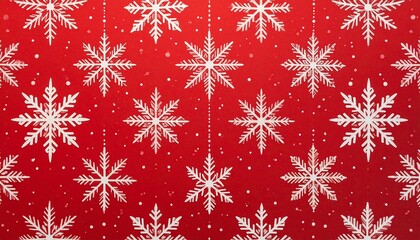 White snowflakes of various shapes on bright red background with scattered dots resembling falling snow