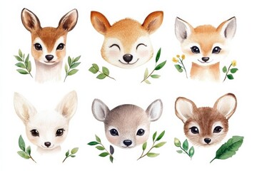 Fototapeta premium Cute animal faces with watercolor style on white background showing various expressions and features of animals in a colorful and vibrant way