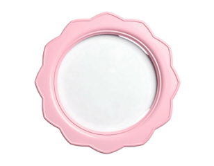 A delicate pink, scalloped-edge frame encircles a blank white circular area