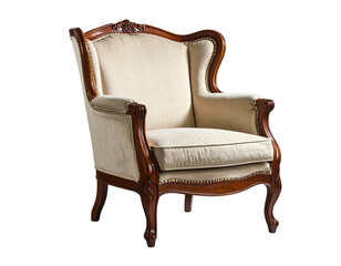 Ornate wooden armchair with upholstered cream seat and back