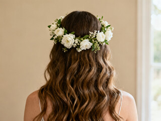 Naklejka premium Brunette Wavy Hair with White Rose Crown