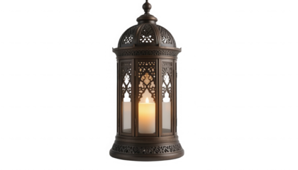 Elegant antique bronze Moroccan lantern featuring a warm glowing artificial candle flame inside a detailed metal frame on transparent background